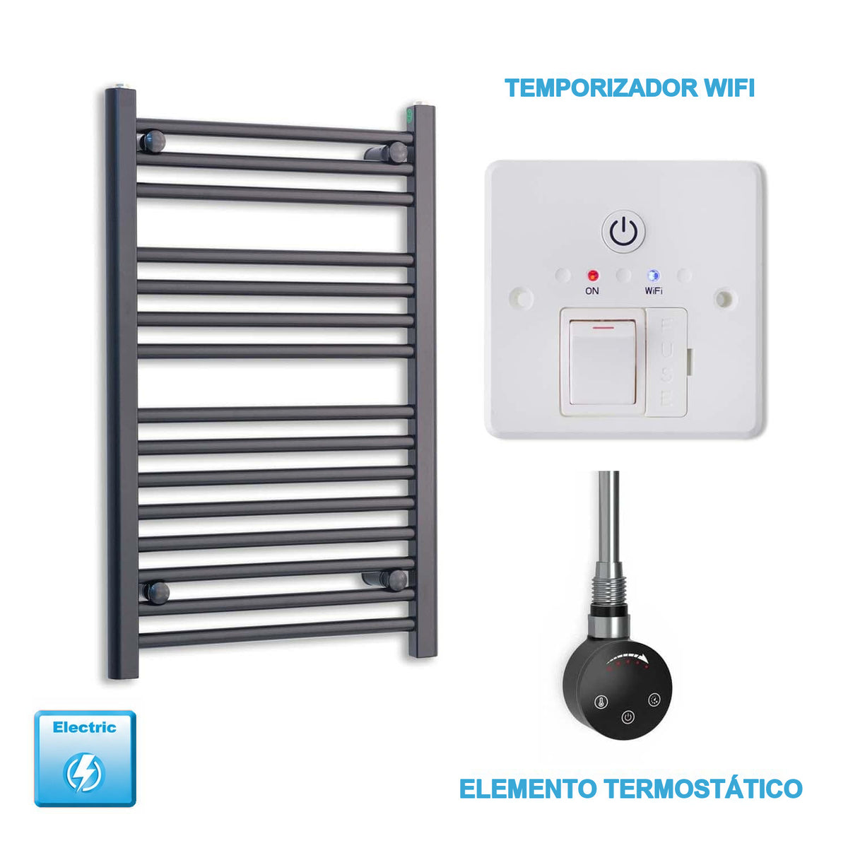 Radiador Toallero Eléctrico Negro 500mm Ancho - Precargado