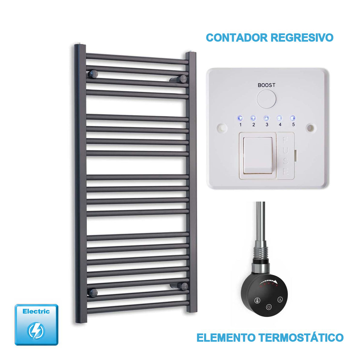 Radiador Toallero Eléctrico Negro 600mm Ancho - Precargado