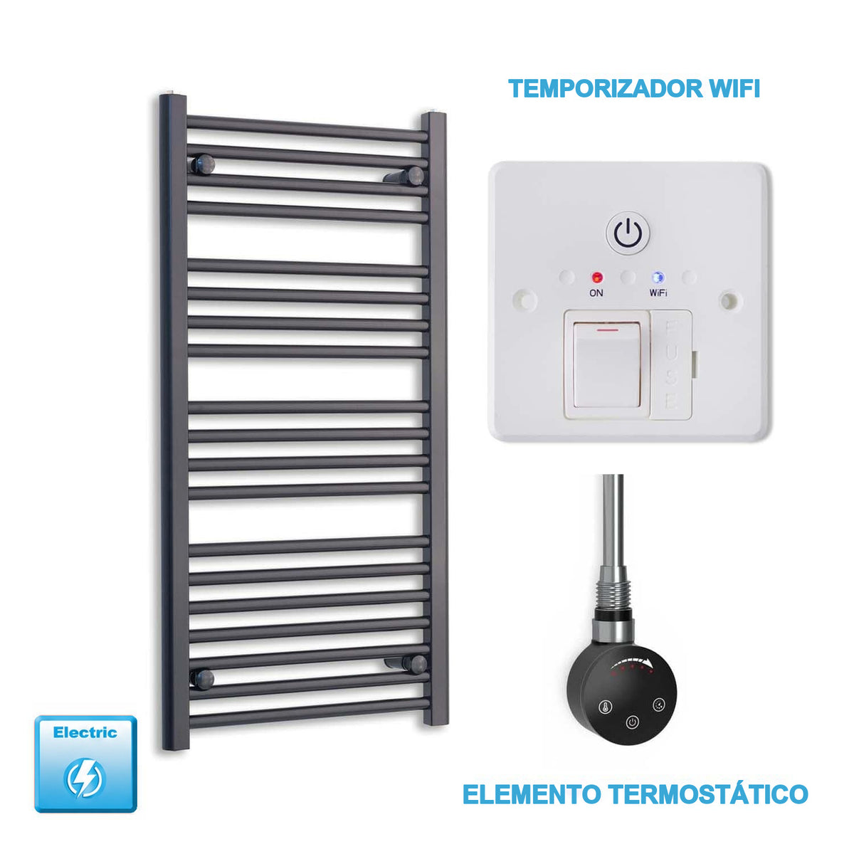Radiador Toallero Eléctrico Negro 600mm Ancho - Precargado