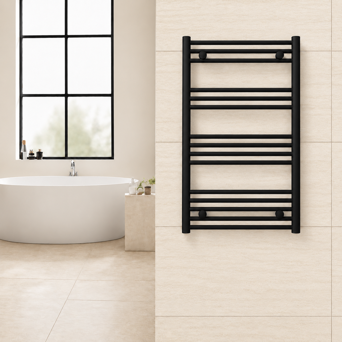 Radiador toallero negro de 600 x 1000 mm para calefacción central instalado en un baño