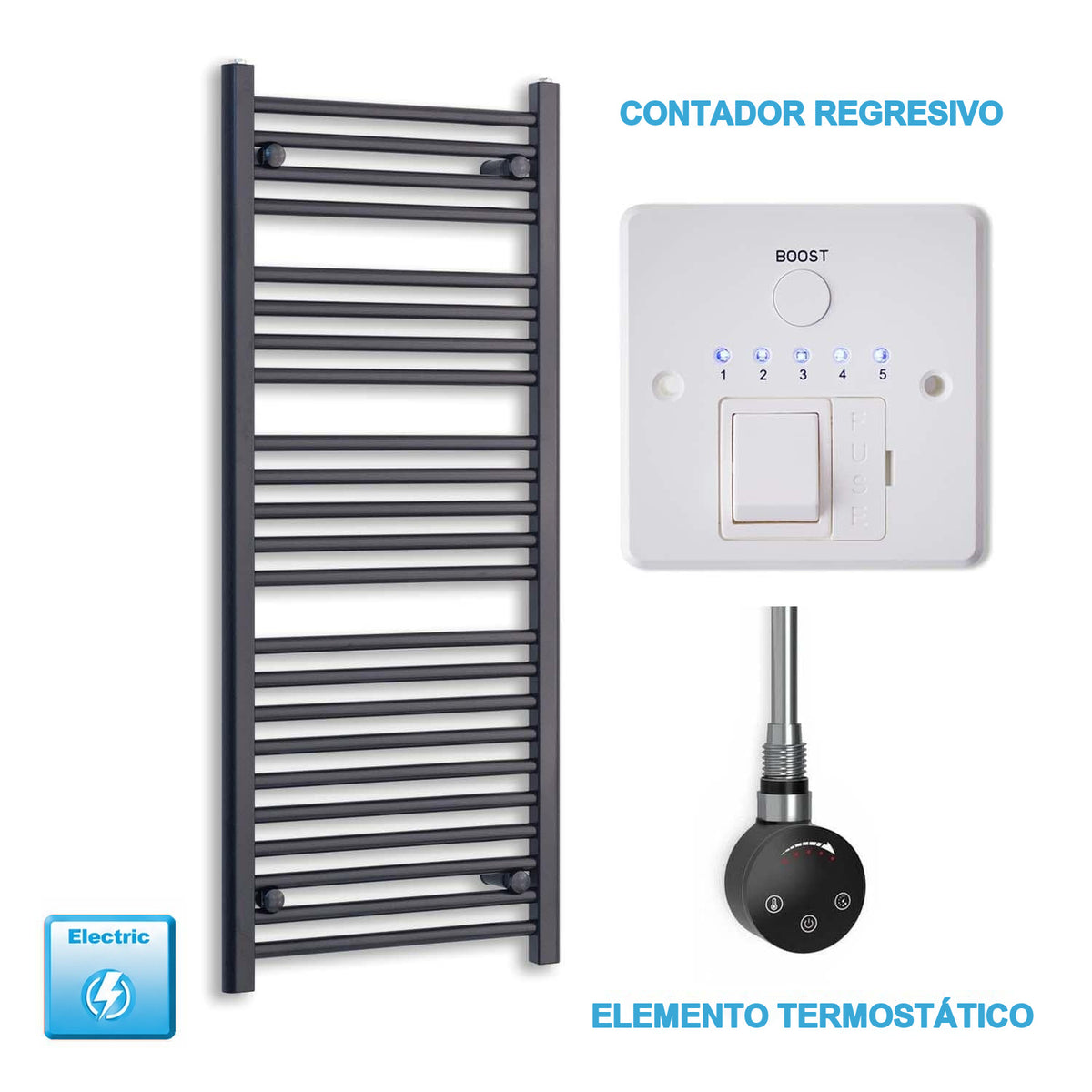 Radiador Toallero Eléctrico Negro 600mm Ancho - Precargado
