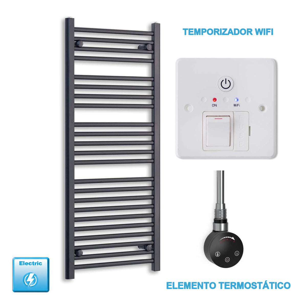 Radiador Toallero Eléctrico Negro 600mm Ancho - Precargado
