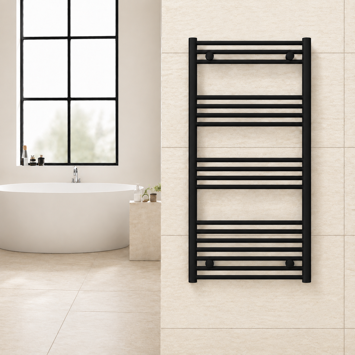 Radiador toallero negro de 600 x 1200 mm para calefacción central instalado en un baño