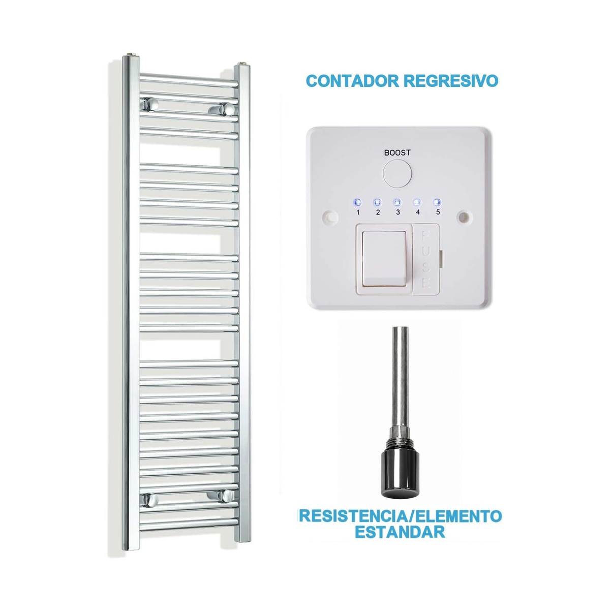 Radiador Toallero Eléctrico Cromado 300mm de Ancho · Precargado