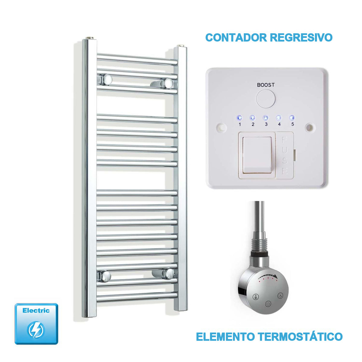 Radiador Toallero Eléctrico Cromado de 300 mm de Ancho
