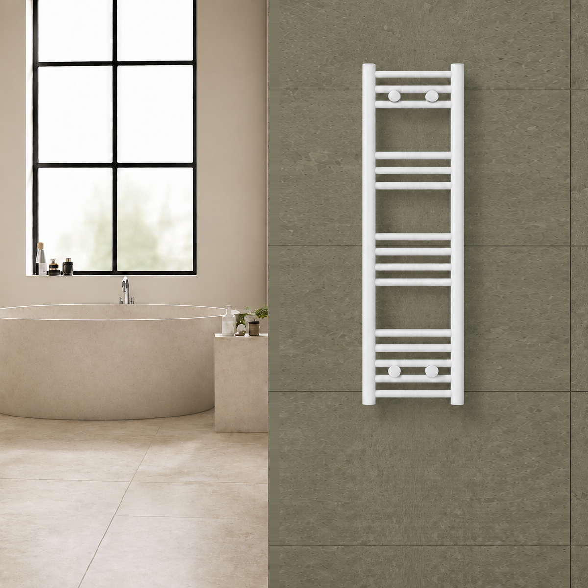 Radiador toallero blanco de 300 x 1000 mm para calefacción central instalado en un baño