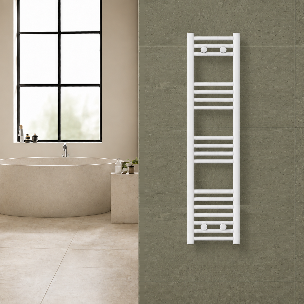 Radiador toallero blanco de 300 x 1200 mm para calefacción central instalado en un baño