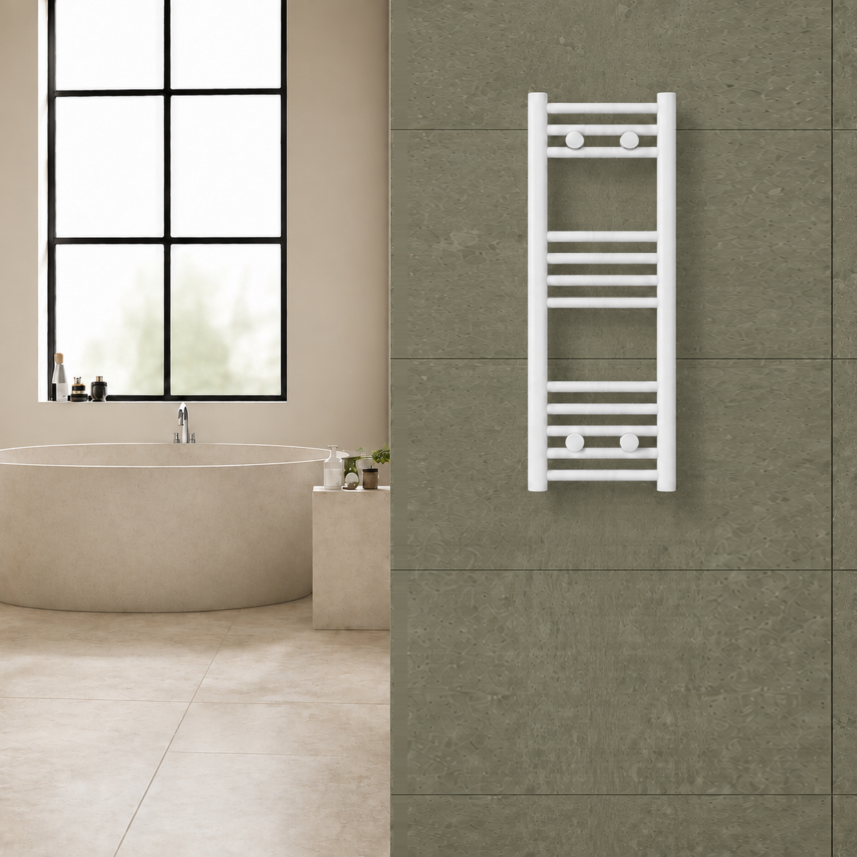 Radiador toallero blanco de 300 x 800 mm para calefacción central instalado en un baño