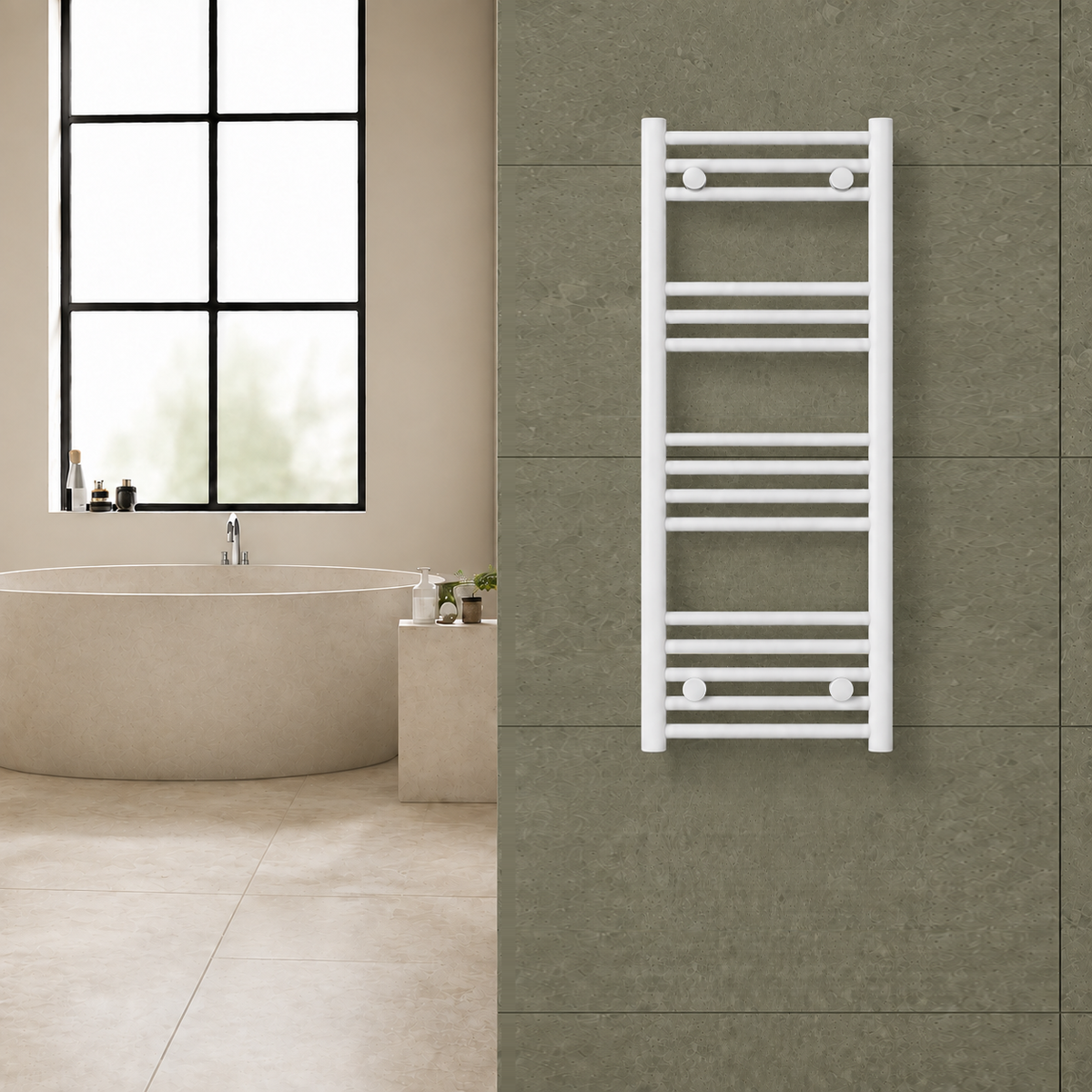 Radiador toallero blanco de 400 x 1000 mm para calefacción central instalado en un baño
