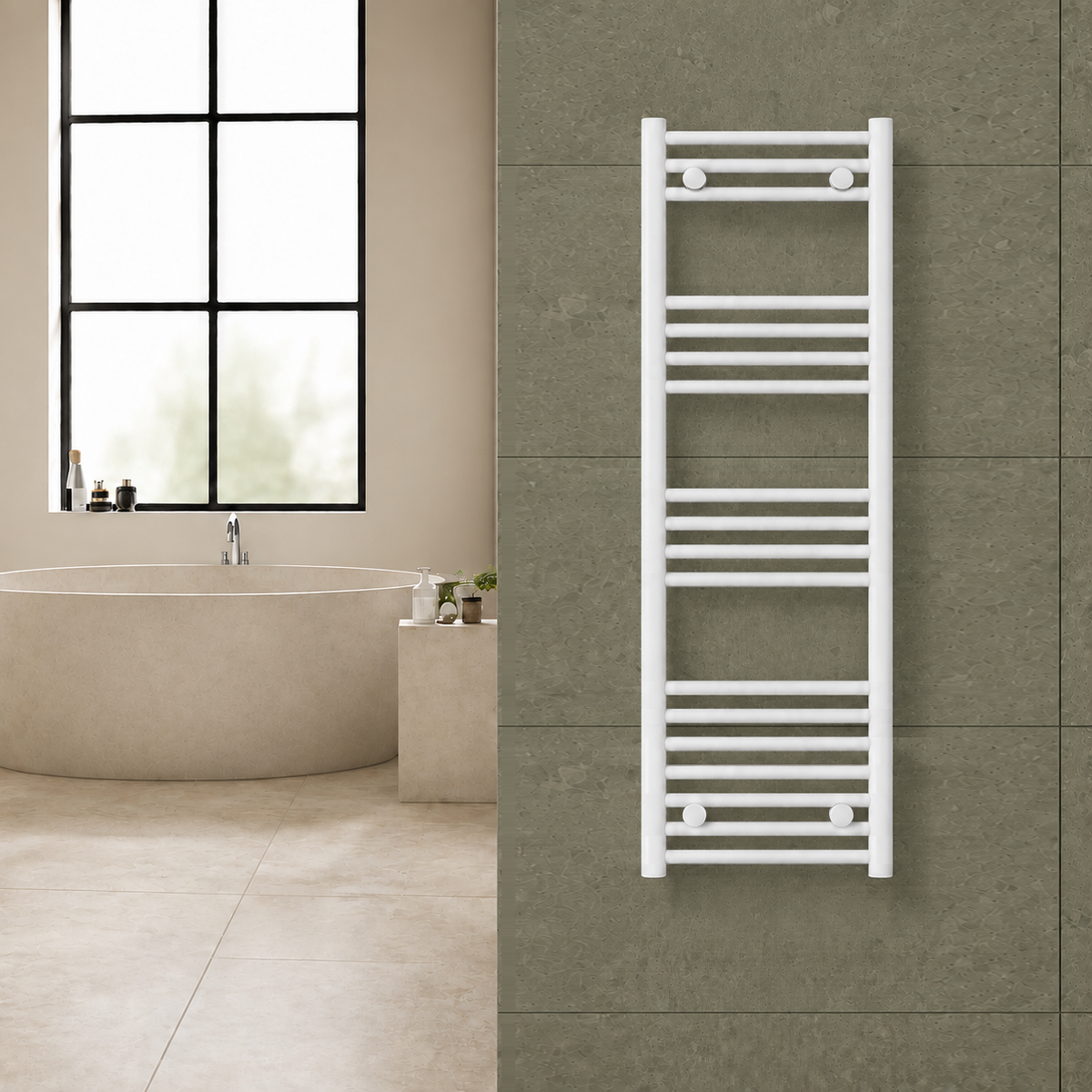Radiador toallero blanco de 400 x 1200 mm para calefacción central instalado en un baño