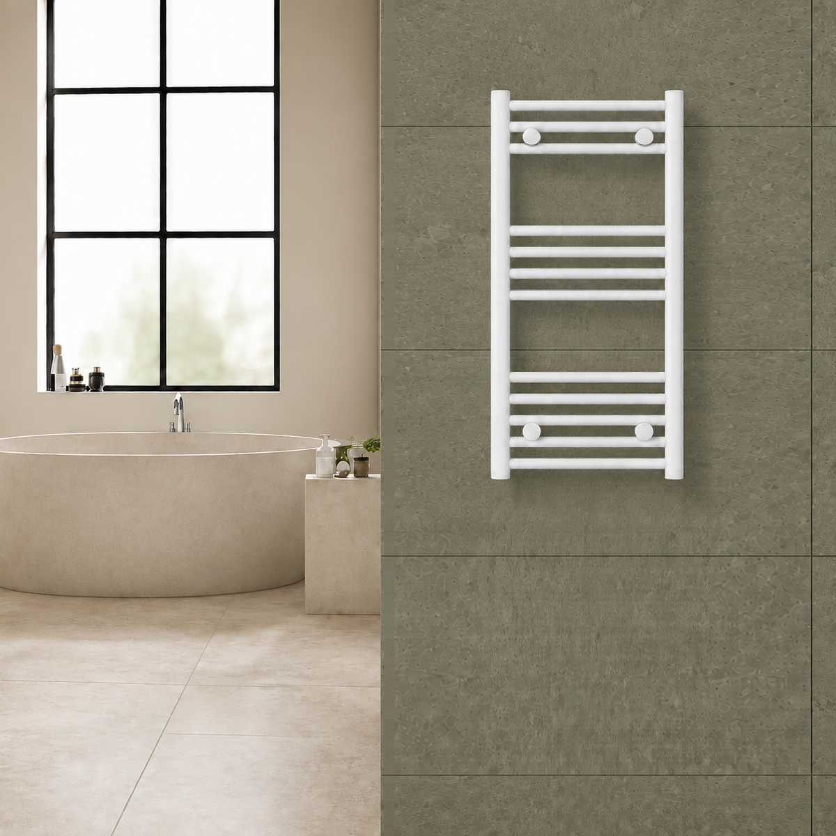 Radiador toallero blanco de 400 x 800 mm para calefacción central instalado en un baño