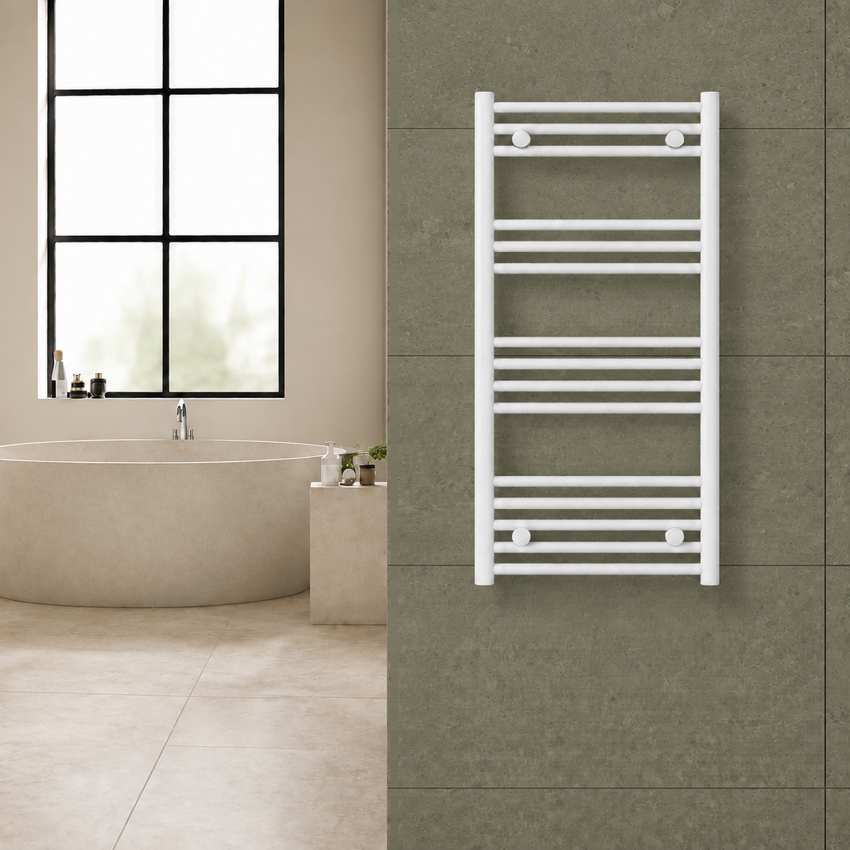 Radiador toallero blanco de 500 x 1000 mm para calefacción central instalado en un baño