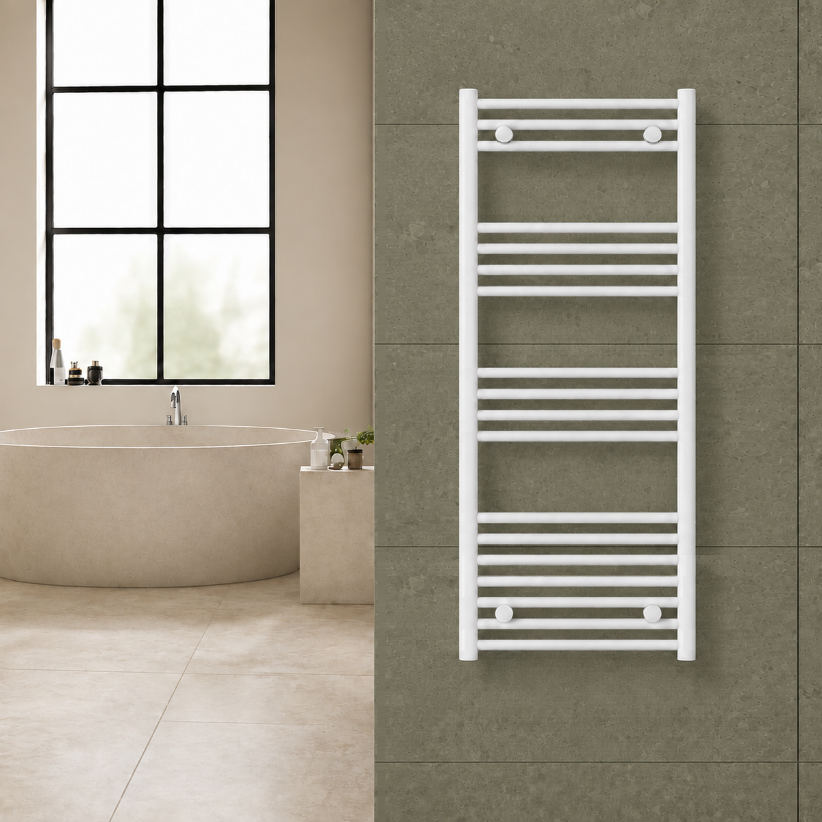 Radiador toallero blanco de 500 x 1200 mm para calefacción central instalado en un baño