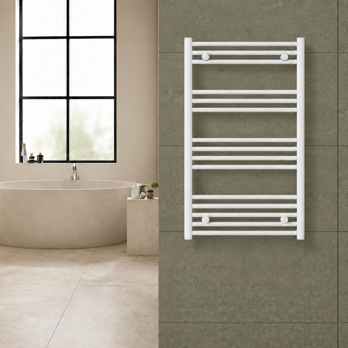 Radiador toallero blanco de 600 x 1000 mm para calefacción central instalado en un baño