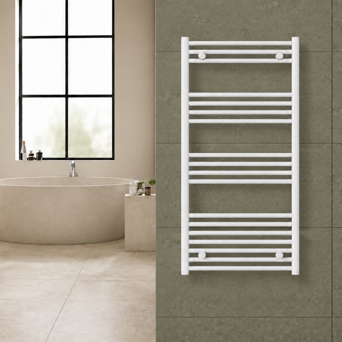 Radiador toallero blanco de 600 x 1200 mm para calefacción central instalado en un baño