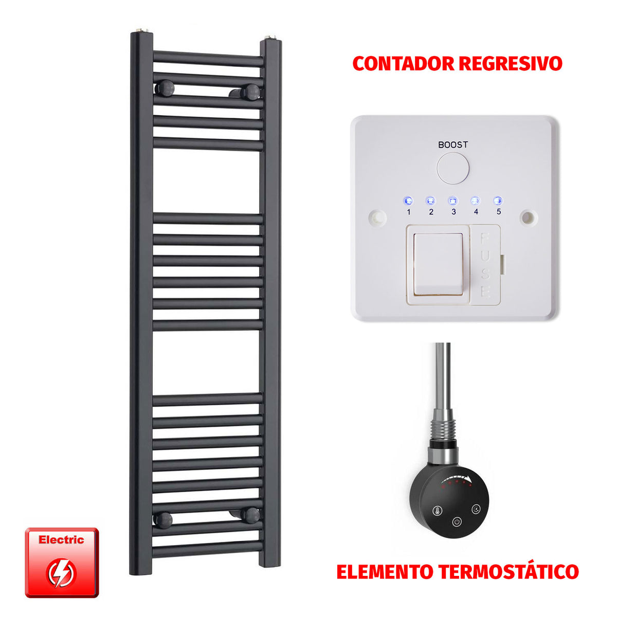 Radiador Toallero Eléctrico Negro 300 mm de Ancho (Precargado)