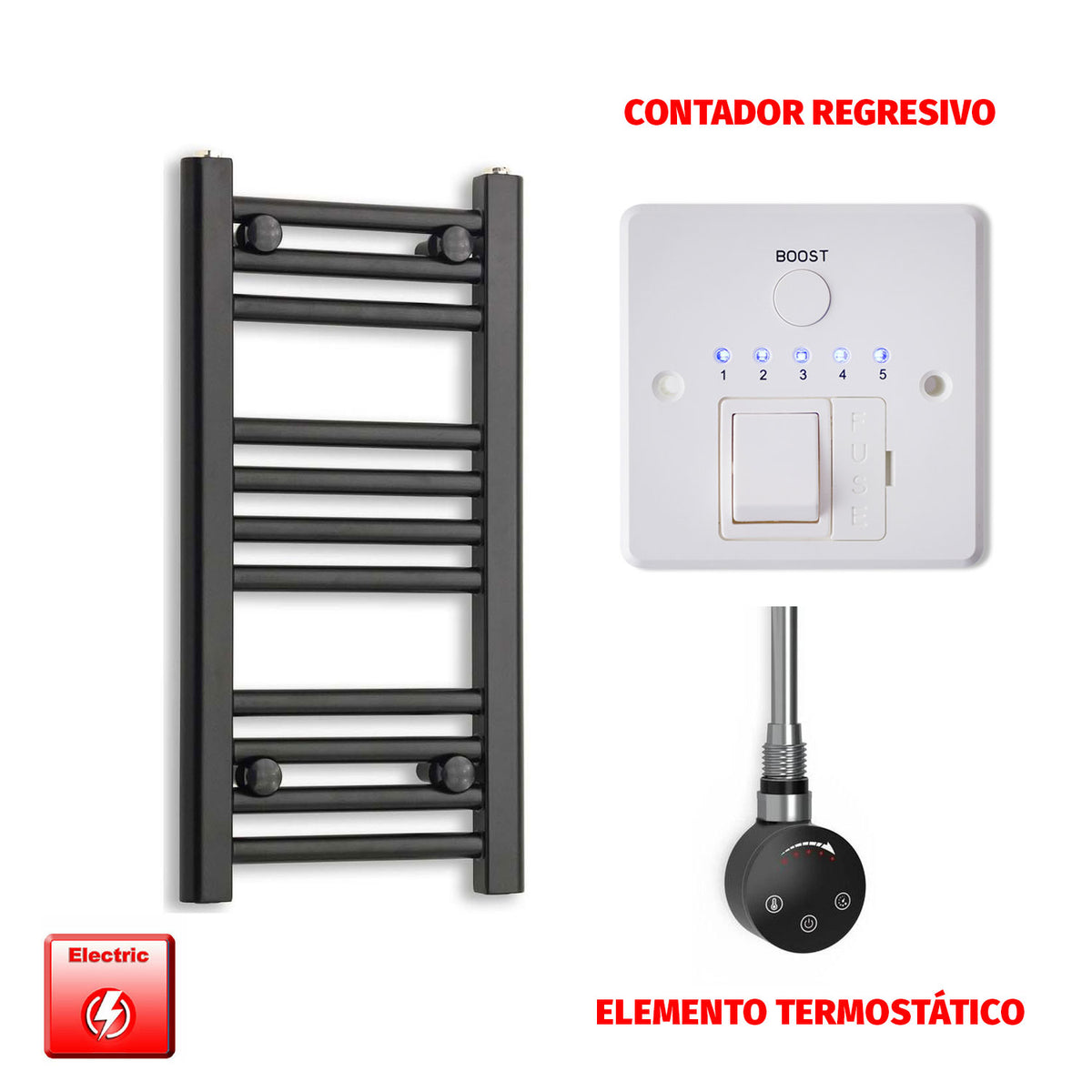 Radiador Toallero Eléctrico Negro 300 mm de Ancho (Precargado)