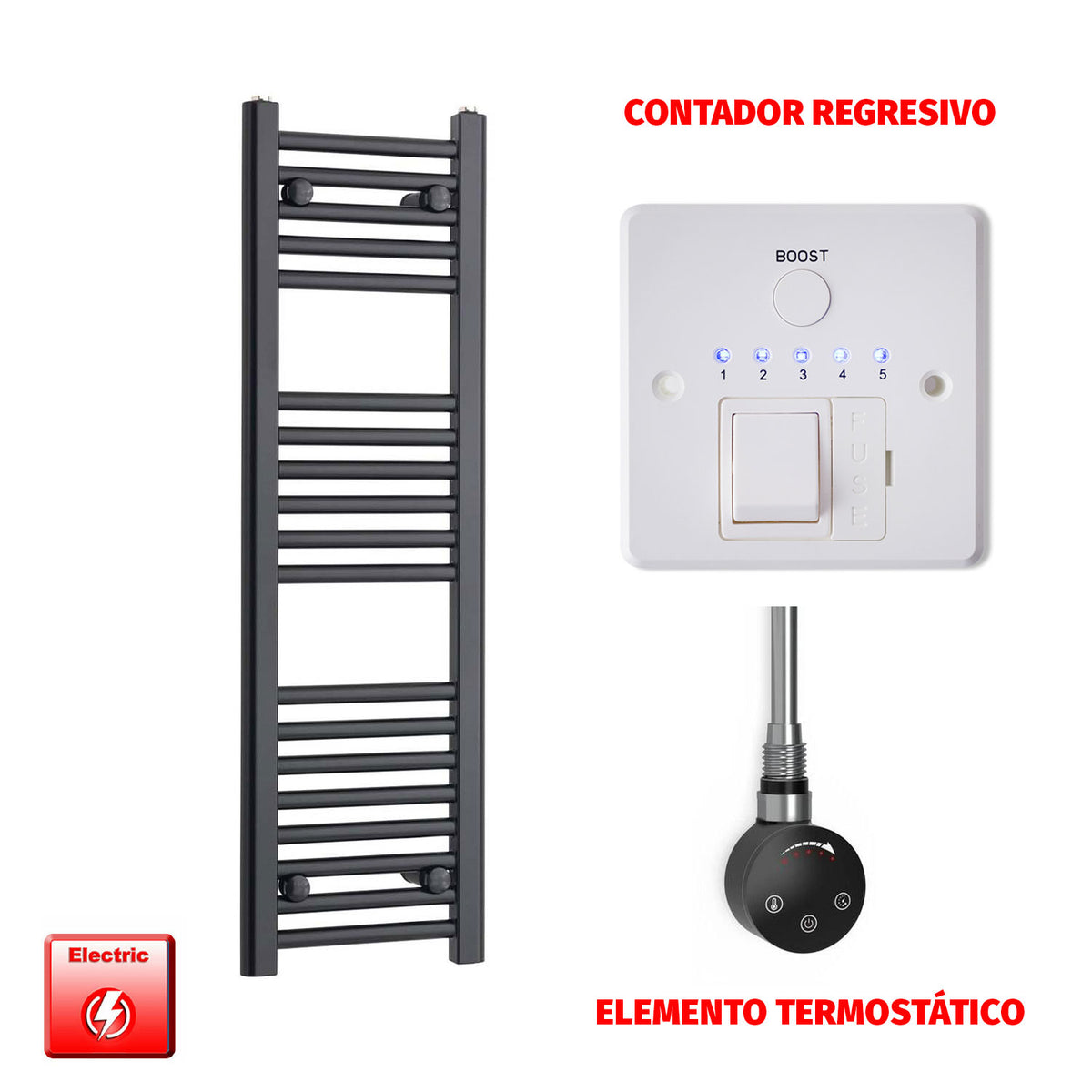 Radiador Toallero Eléctrico Negro 300 mm de Ancho (Precargado)