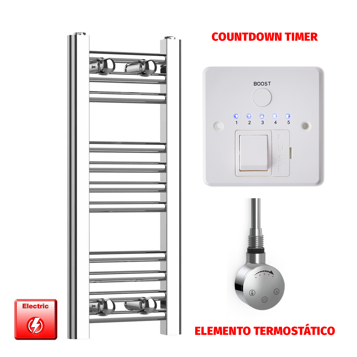 Radiador Toallero Eléctrico Cromado de 200 mm de Ancho