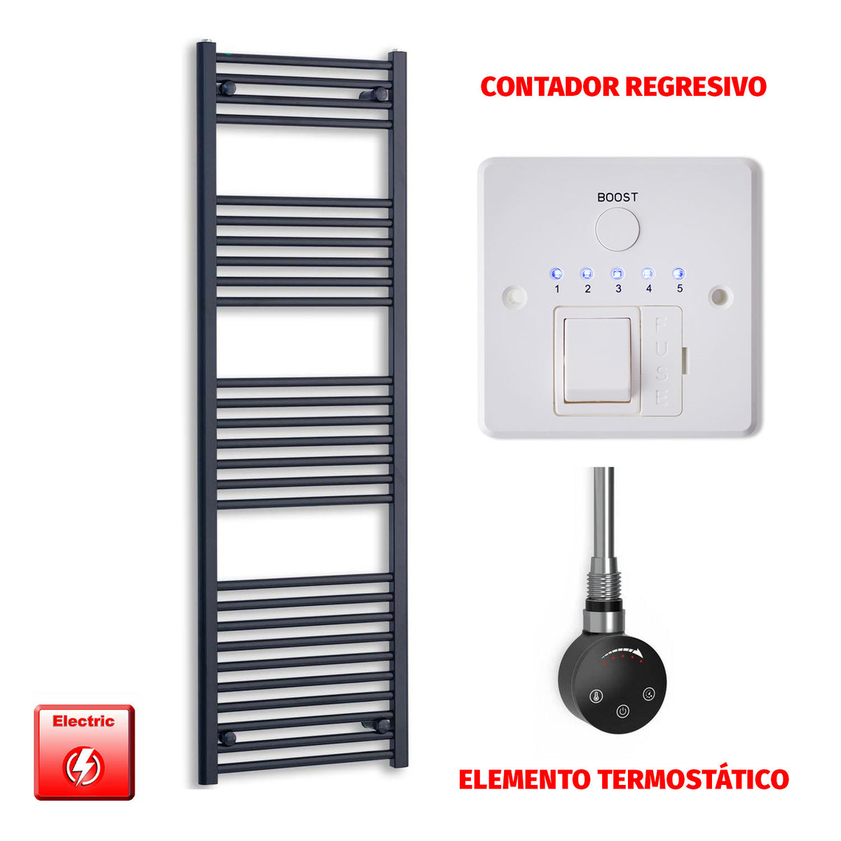 Radiador Toallero Eléctrico Negro 550mm Ancho - Precargado