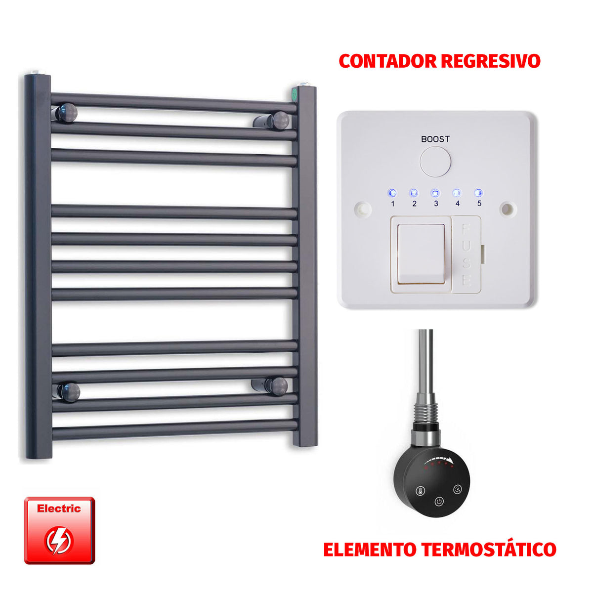 Radiador Toallero Eléctrico Negro 500mm Ancho - Precargado