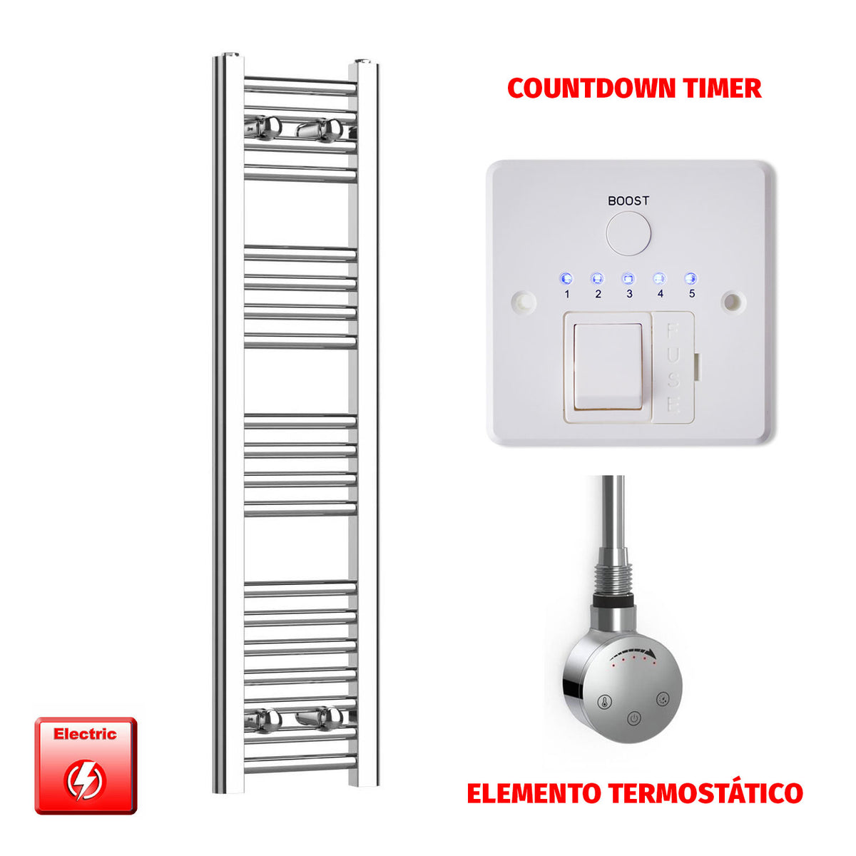 Radiador Toallero Eléctrico Cromado de 250 mm de Ancho