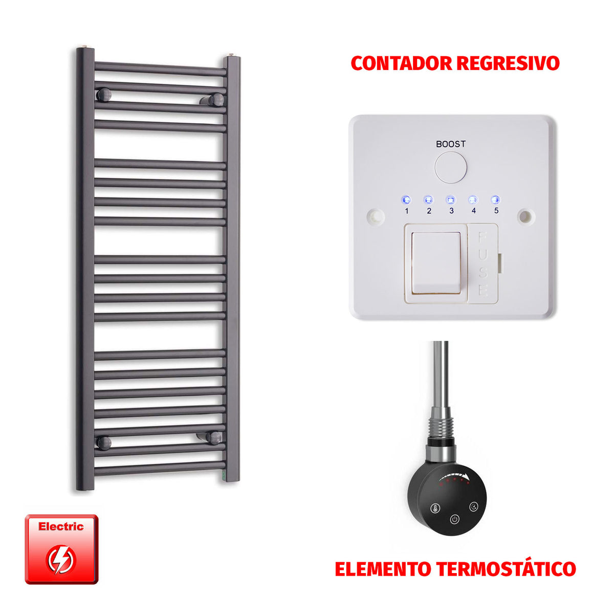 Radiador Toallero Eléctrico Negro 450mm Ancho - Precargado