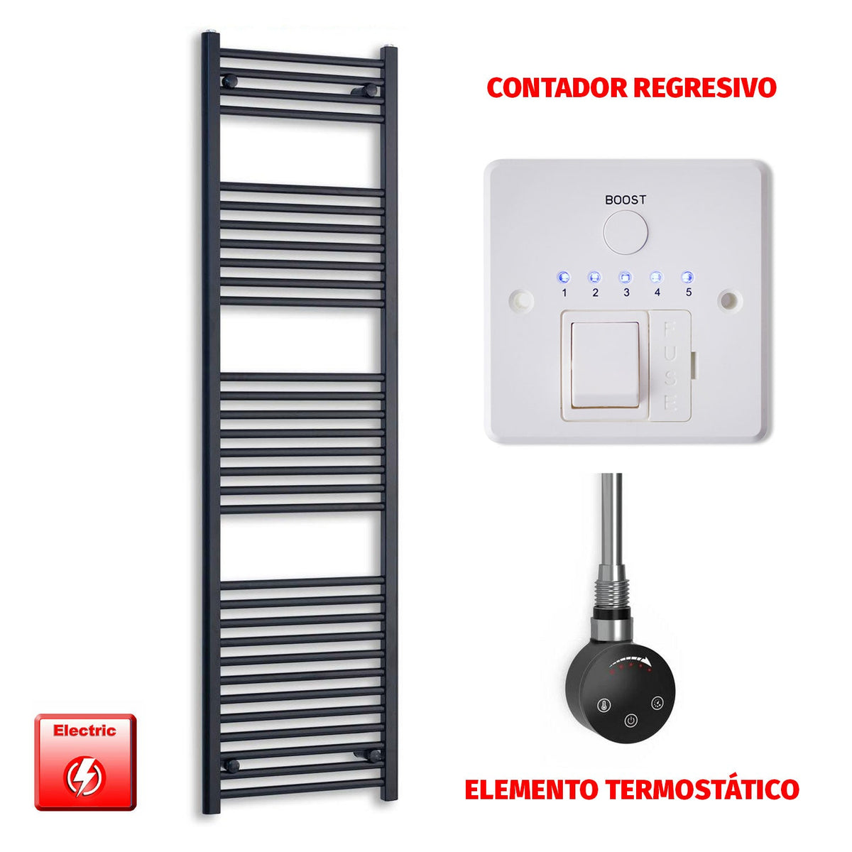 Radiador Toallero Eléctrico Negro 600mm Ancho - Precargado