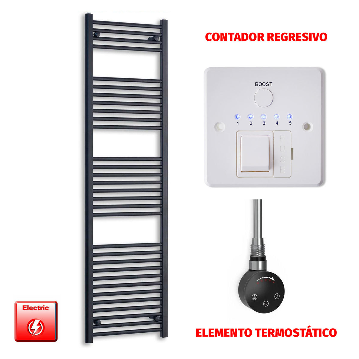 Radiador Toallero Eléctrico Negro 550mm Ancho - Precargado