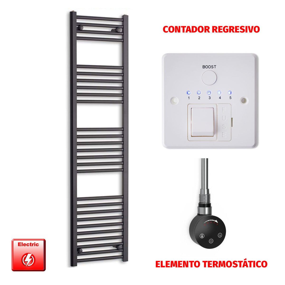 Radiador Toallero Eléctrico Negro 450mm Ancho - Precargado