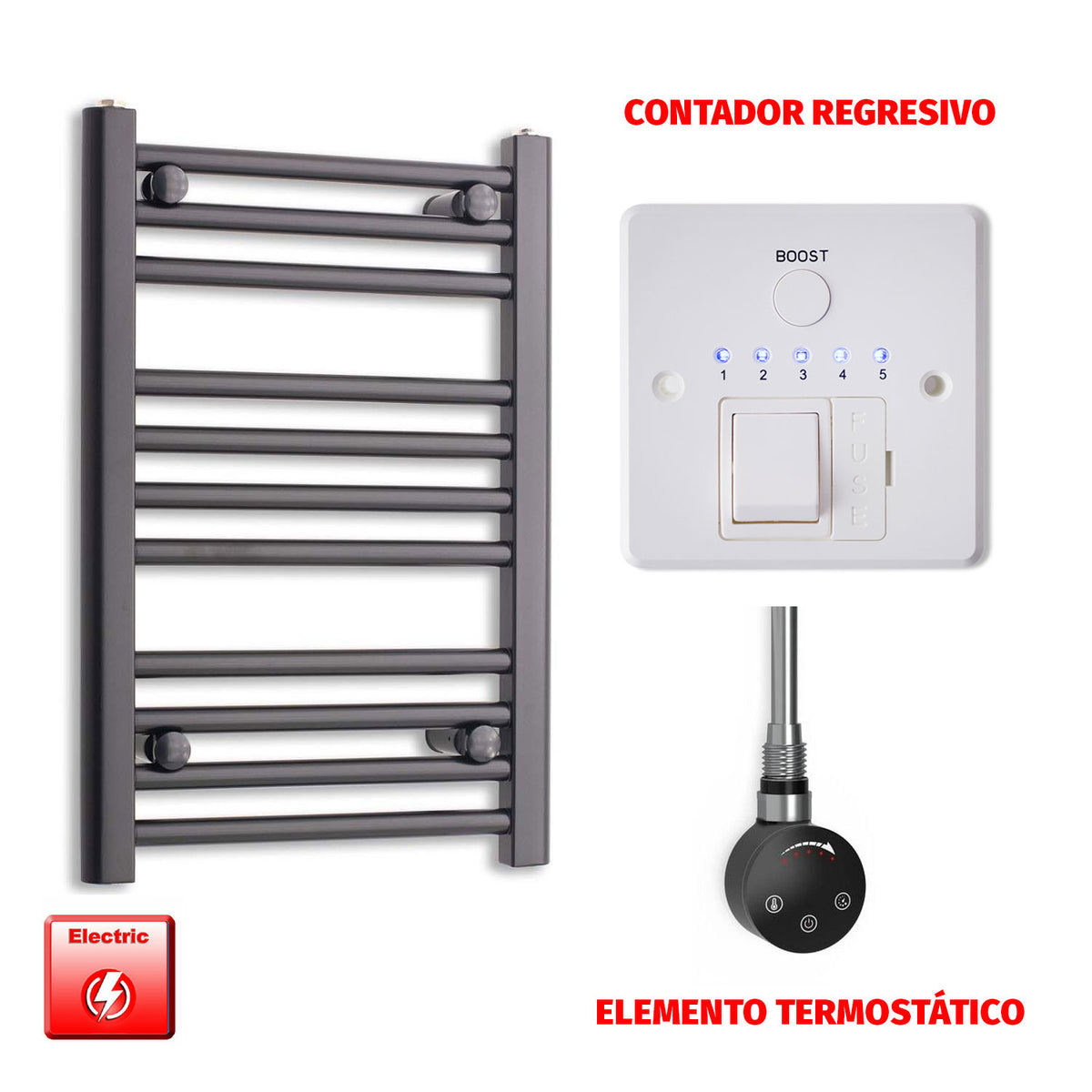 Radiador Toallero Eléctrico Negro 450mm Ancho - Precargado