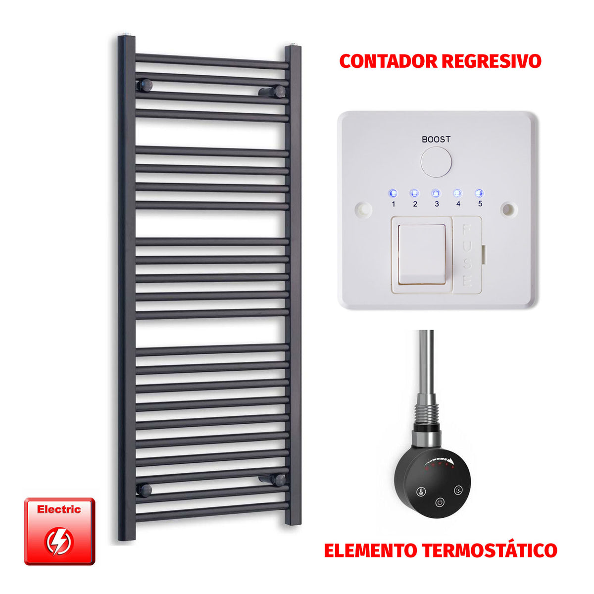 Radiador Toallero Eléctrico Negro 500mm Ancho - Precargado