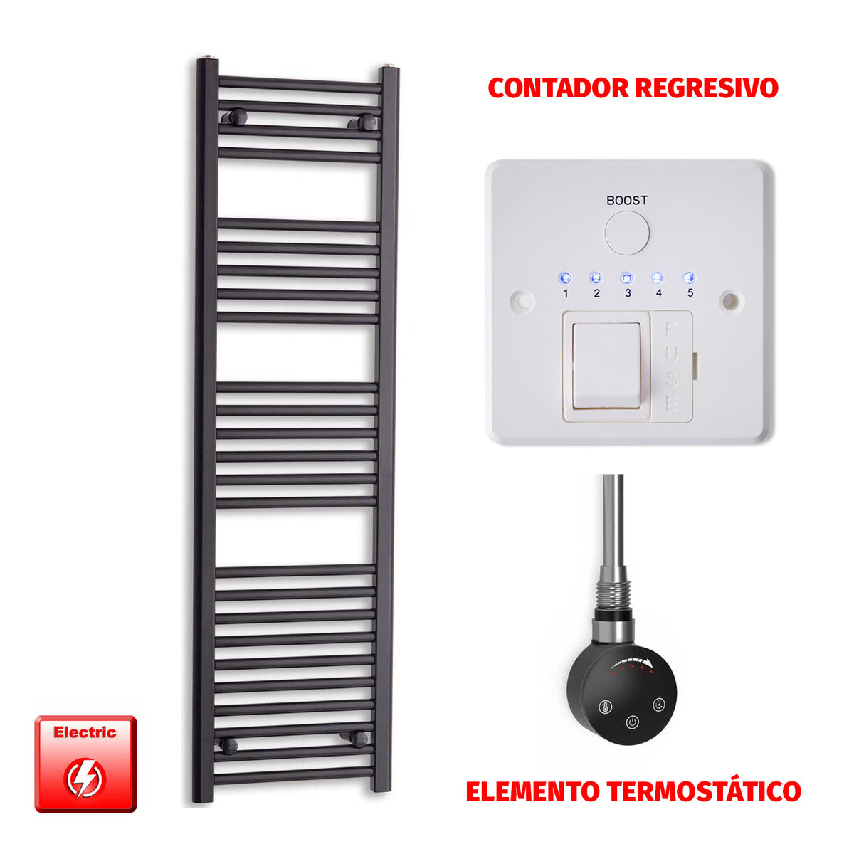 Radiador Toallero Eléctrico Negro 450mm Ancho - Precargado