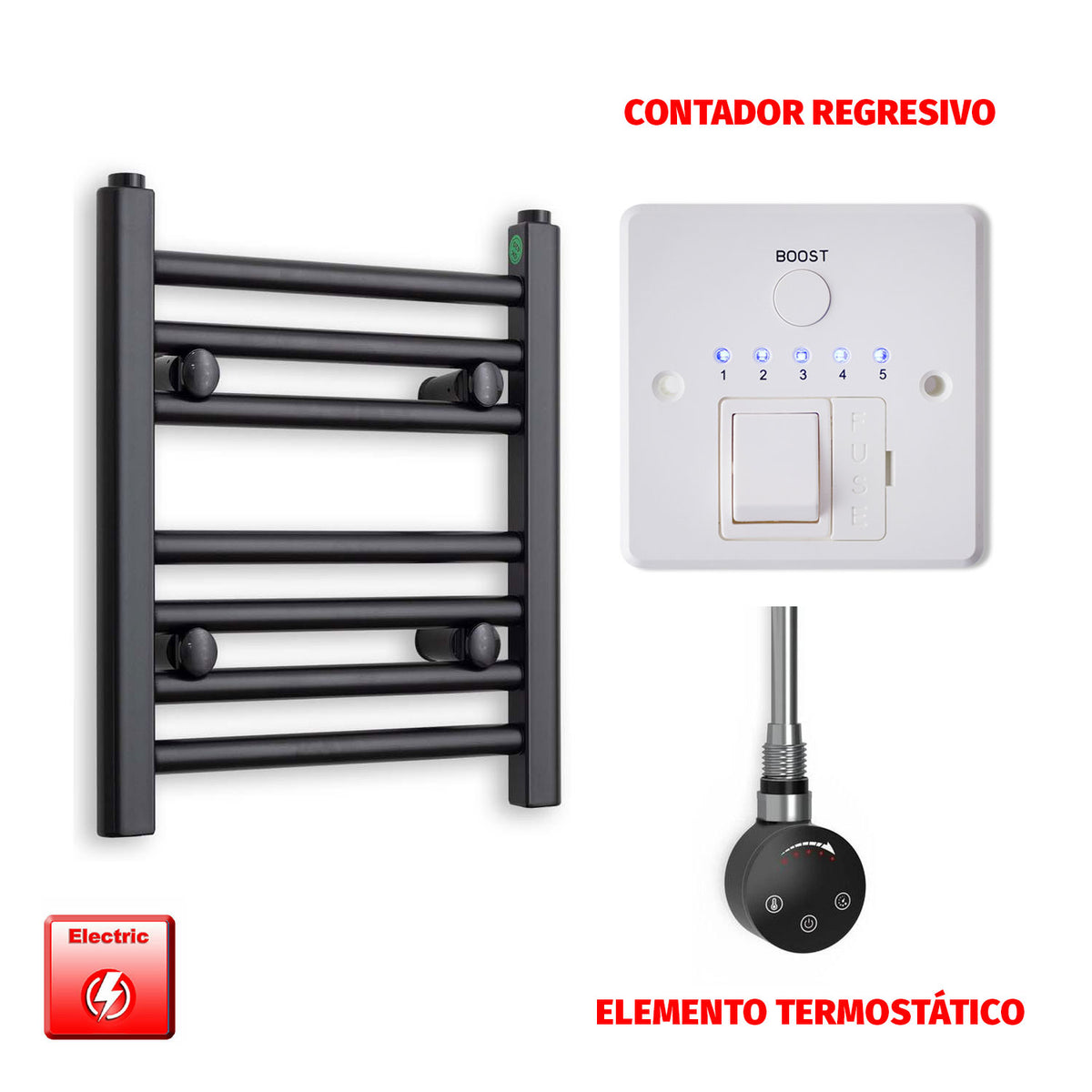 Radiador Toallero Eléctrico Negro 300 mm de Ancho (Precargado)