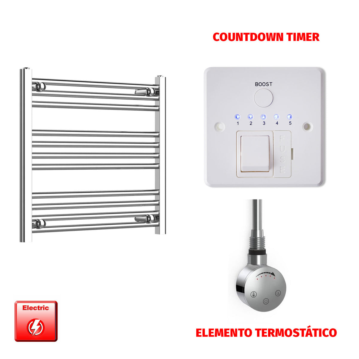 Radiador Toallero Eléctrico Cromado de 650 mm de Ancho