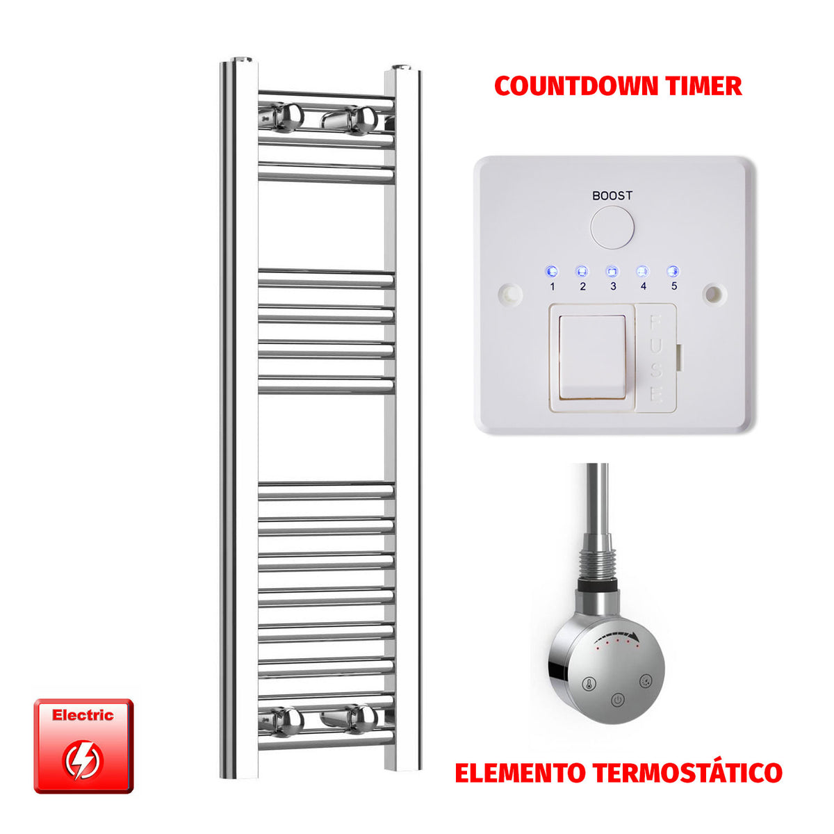 Radiador Toallero Eléctrico Cromado de 250 mm de Ancho