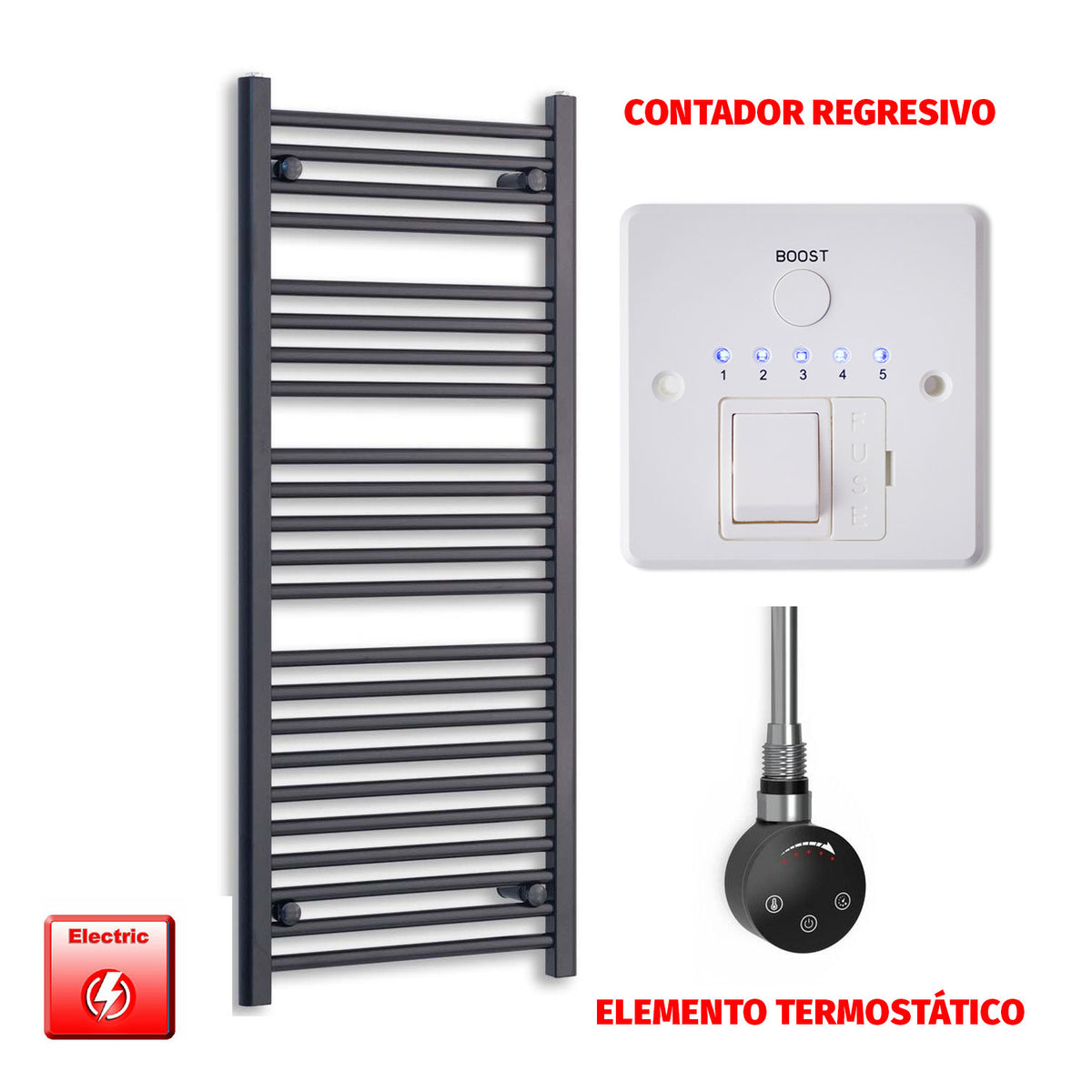 Radiador Toallero Eléctrico Negro 550mm Ancho - Precargado