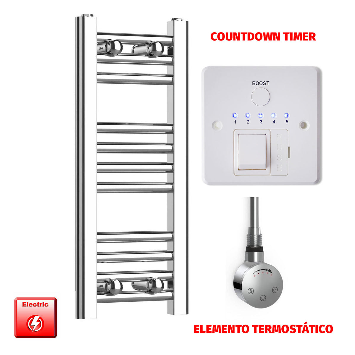 Radiador Toallero Eléctrico Cromado de 250 mm de Ancho