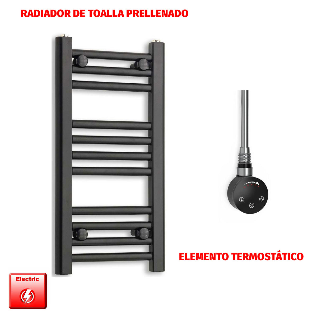 Radiador Toallero Eléctrico Negro 300 mm de Ancho (Precargado)