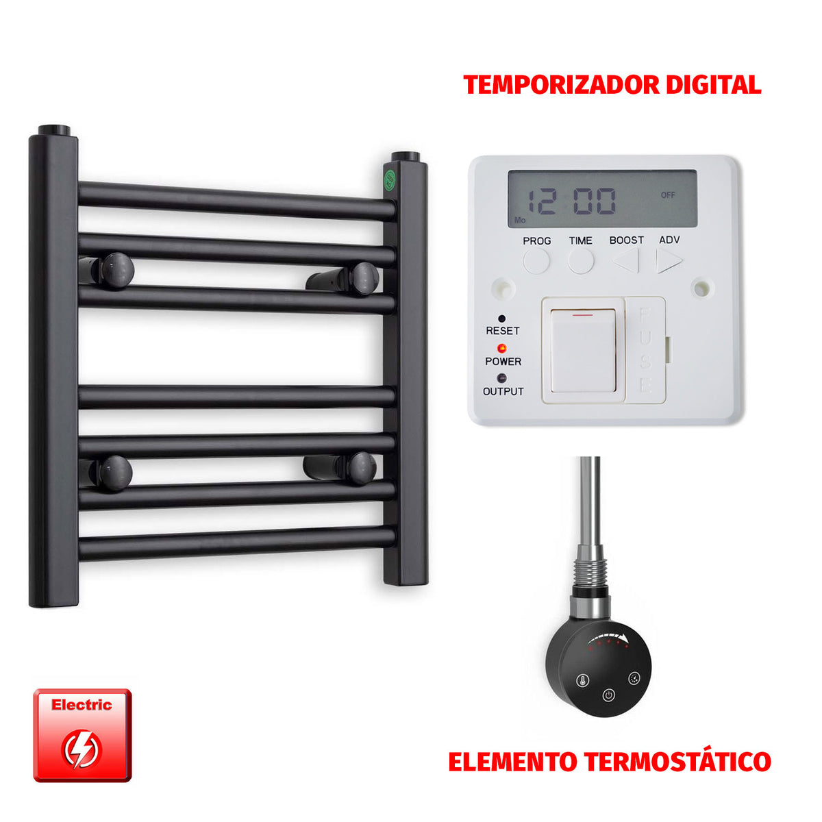 Radiador Toallero Eléctrico Negro 400mm Ancho - Precargado