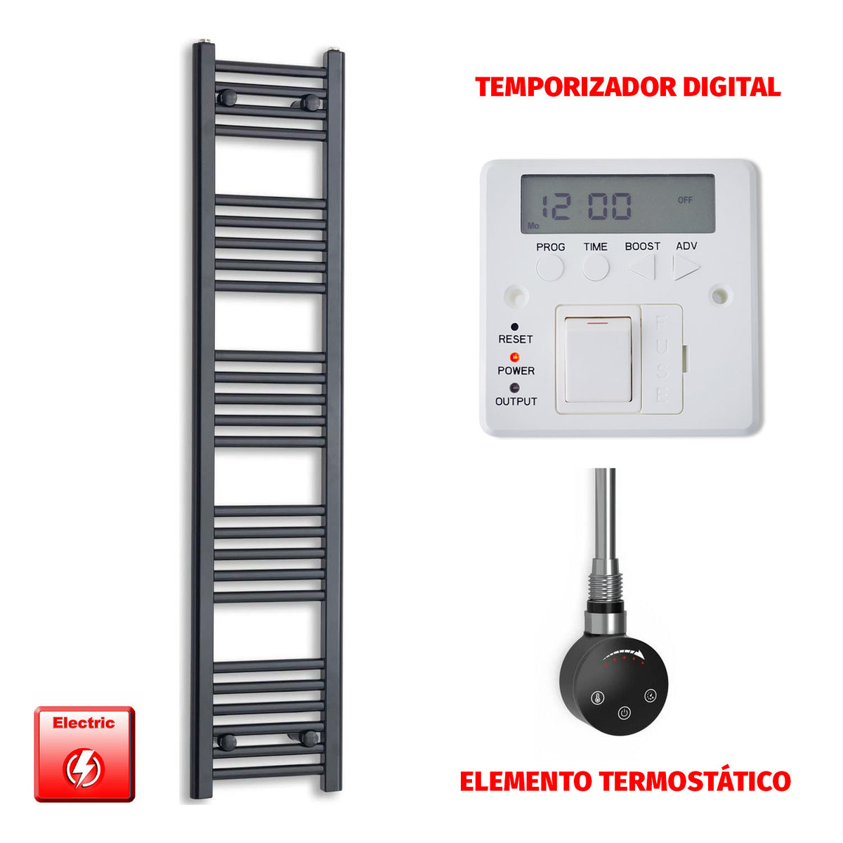 Radiador Toallero Eléctrico Negro 300 mm de Ancho (Precargado)