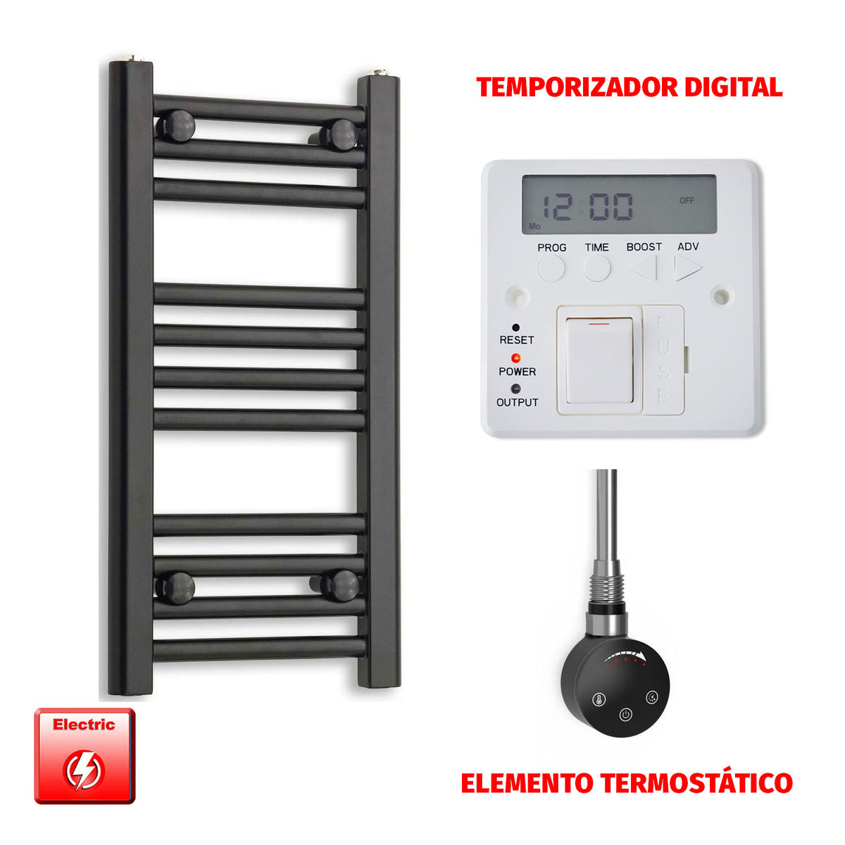 Radiador Toallero Eléctrico Negro 300 mm de Ancho (Precargado)