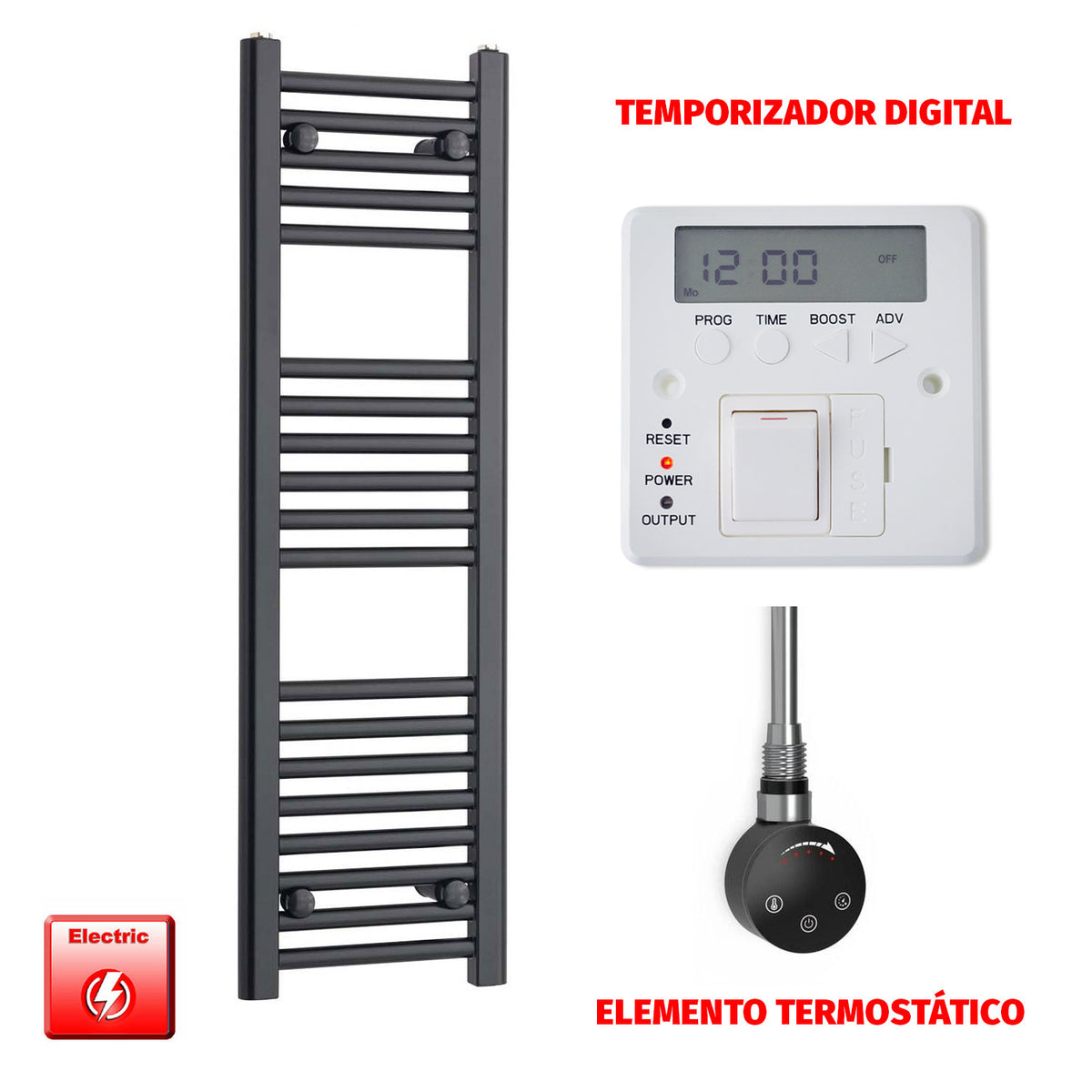 Radiador Toallero Eléctrico Negro 300 mm de Ancho (Precargado)