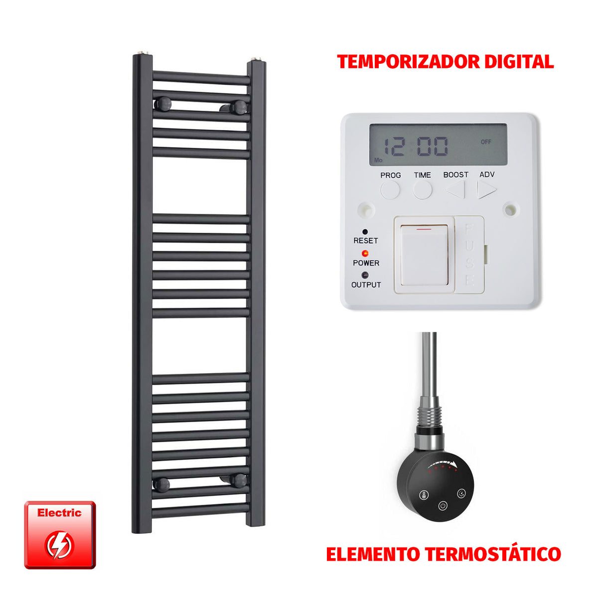 Radiador Toallero Eléctrico Negro 300 mm de Ancho (Precargado)