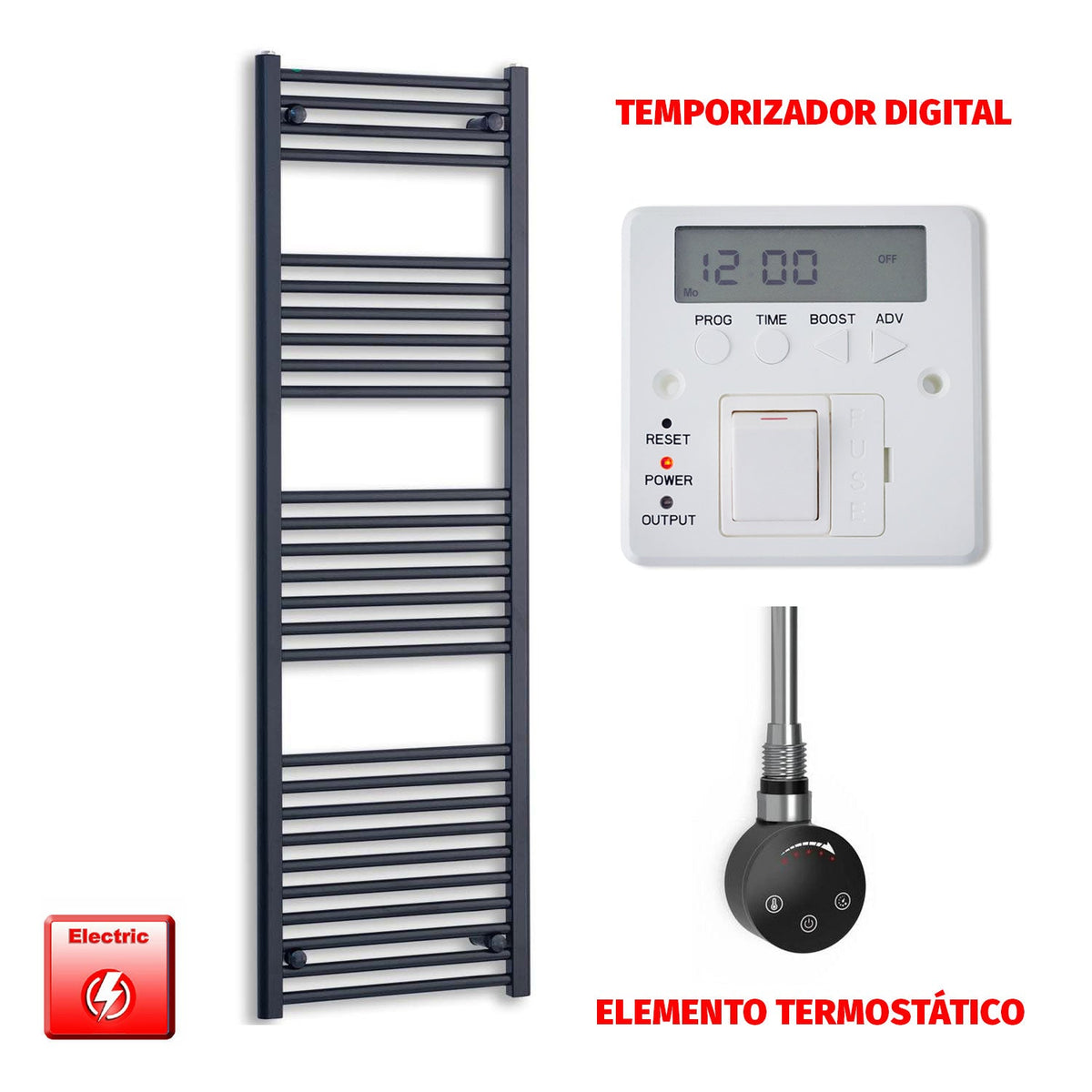 Radiador Toallero Eléctrico Negro 600mm Ancho - Precargado