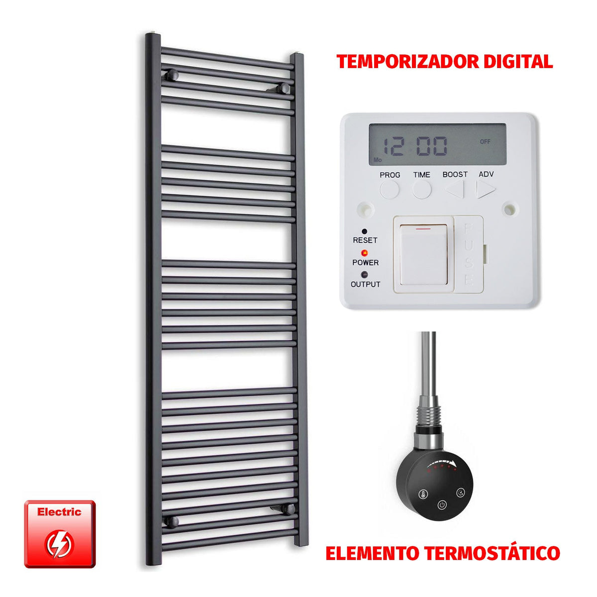 Radiador Toallero Eléctrico Negro 600mm Ancho - Precargado