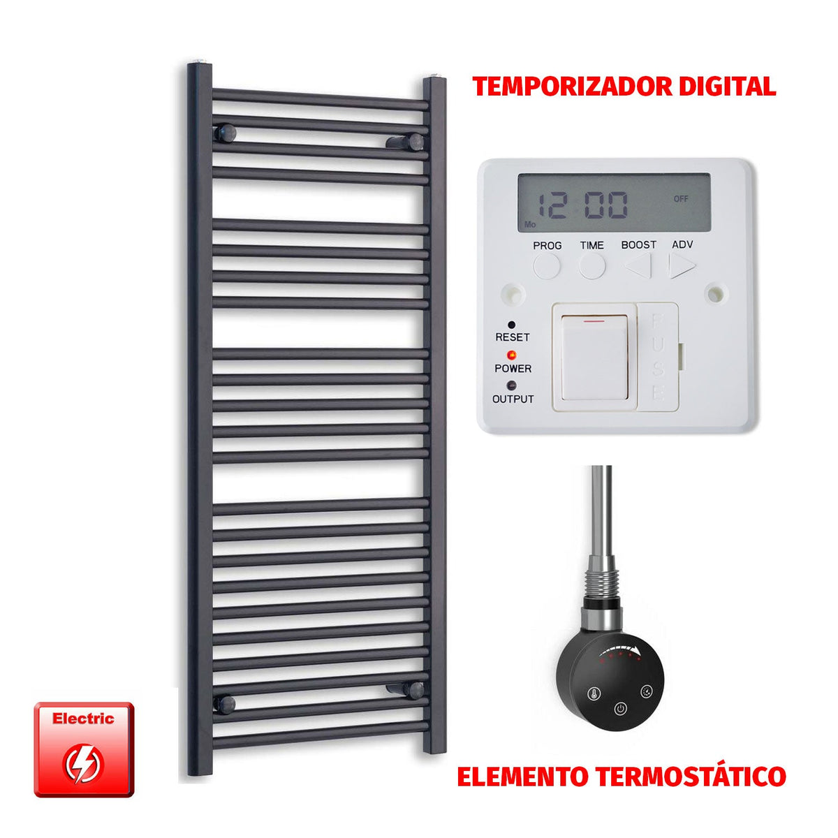 Radiador Toallero Eléctrico Negro 600mm Ancho - Precargado