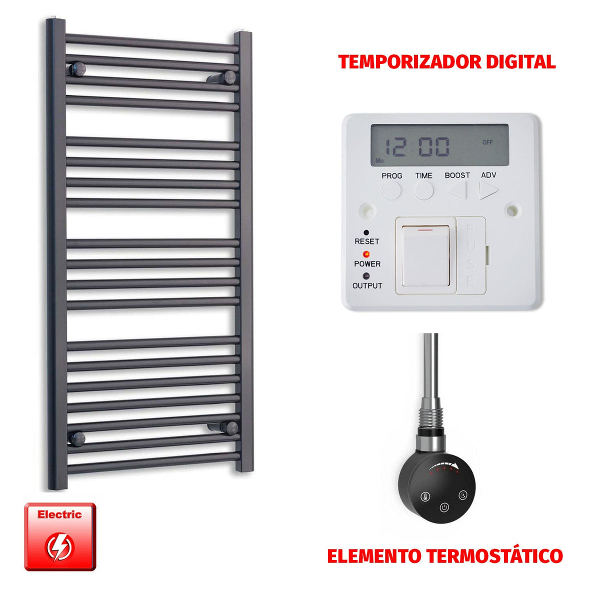 Radiador Toallero Eléctrico Negro 600mm Ancho - Precargado