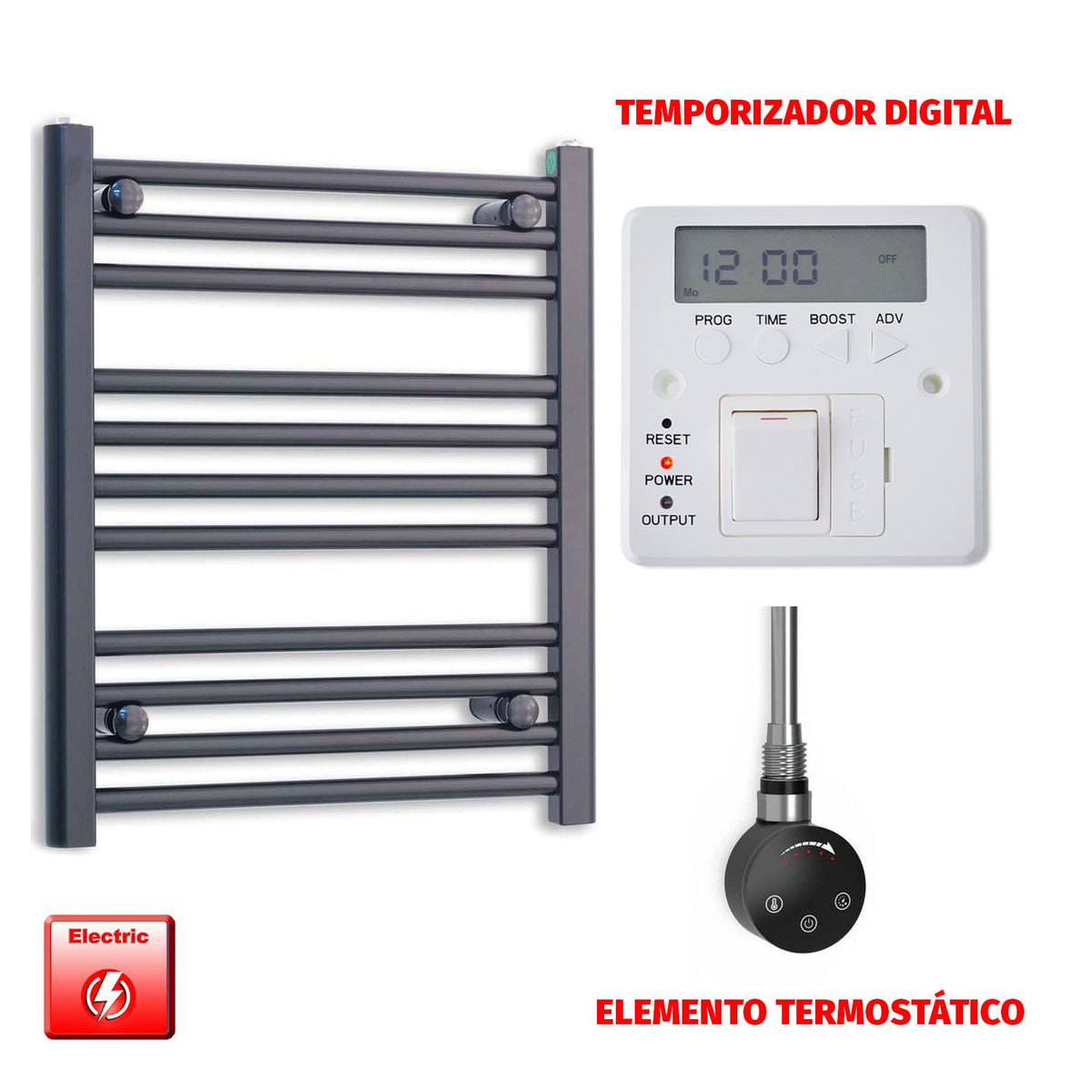 Radiador Toallero Eléctrico Negro 600mm Ancho - Precargado