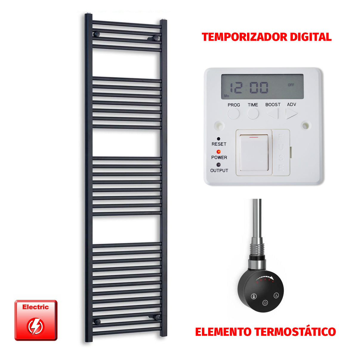 Radiador Toallero Eléctrico Negro 550mm Ancho - Precargado